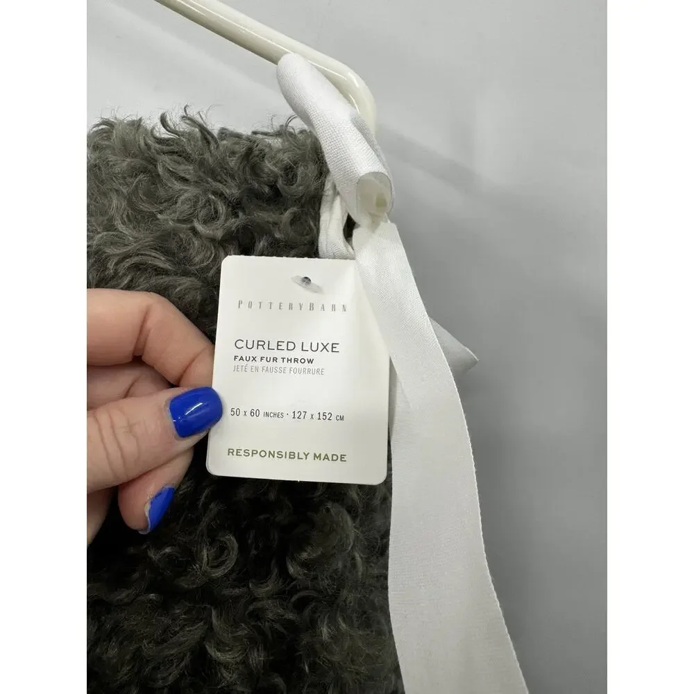 Pottery Barn Curled Luxe Moss Green Faux Fur Throw Blanket 50x60in NWT